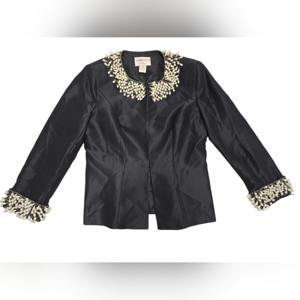 Verucci by‎ Chancelle Dark Blue Blazer/ Jacket With Pearls SZ 12 NWT